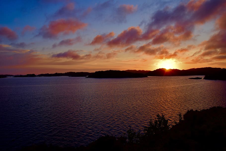 sunset, clouds, evening light, landscape, norway, sky, sunrise HD wallpaper