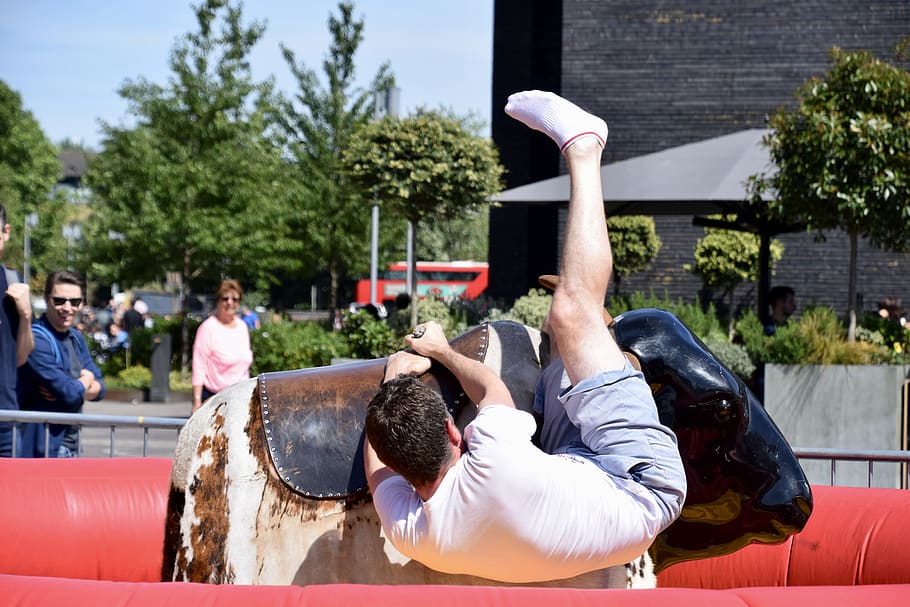 Man Riding on Bull, active, balance, daytime, enjoyment, falling HD wallpaper