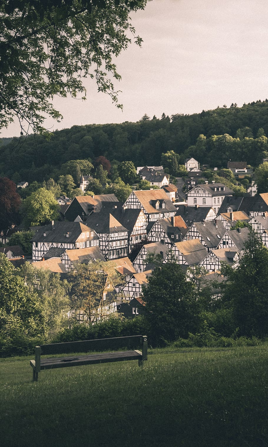 germany, freudenberg, sunset, bench, fachwerk, fachwerkhaus HD wallpaper