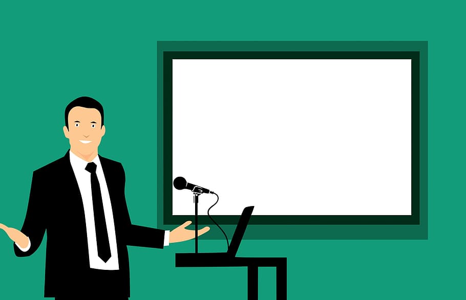Illustration of man teaching training session in front of whiteboard.