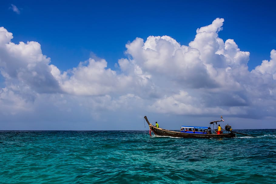 thailand, phi phi islands, clouds, sky, boat, sea, blue, longtail boat HD wallpaper