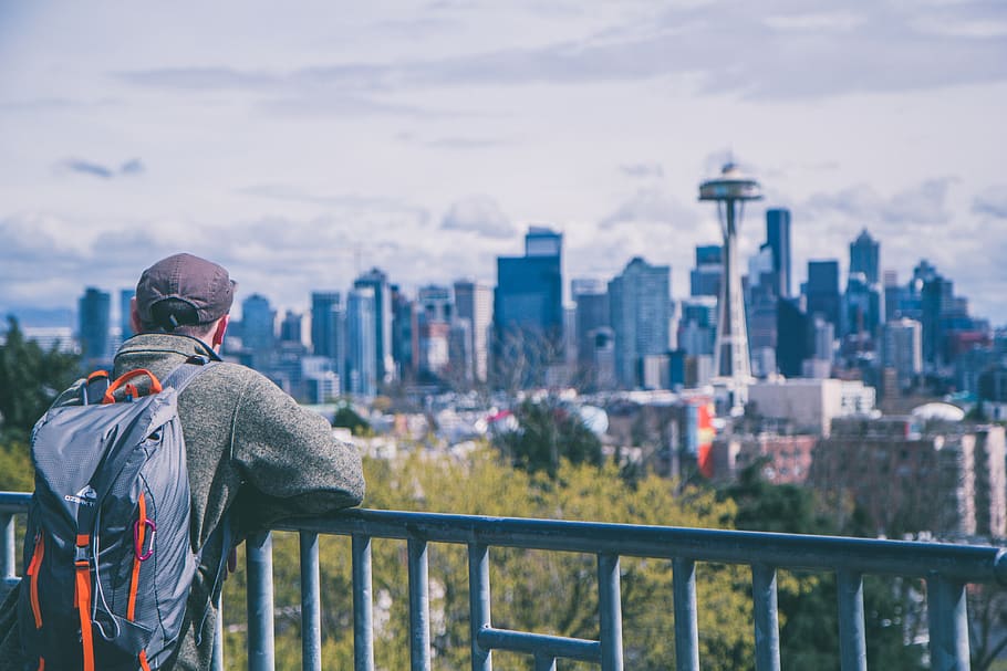 man overlooking space needle, architecture, built structure, rear view HD wallpaper