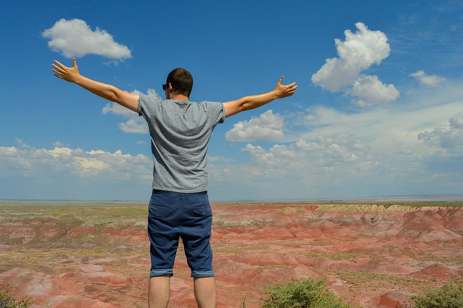 view, sky, cloud - sky, one person, rear view, standing, casual clothing HD wallpaper