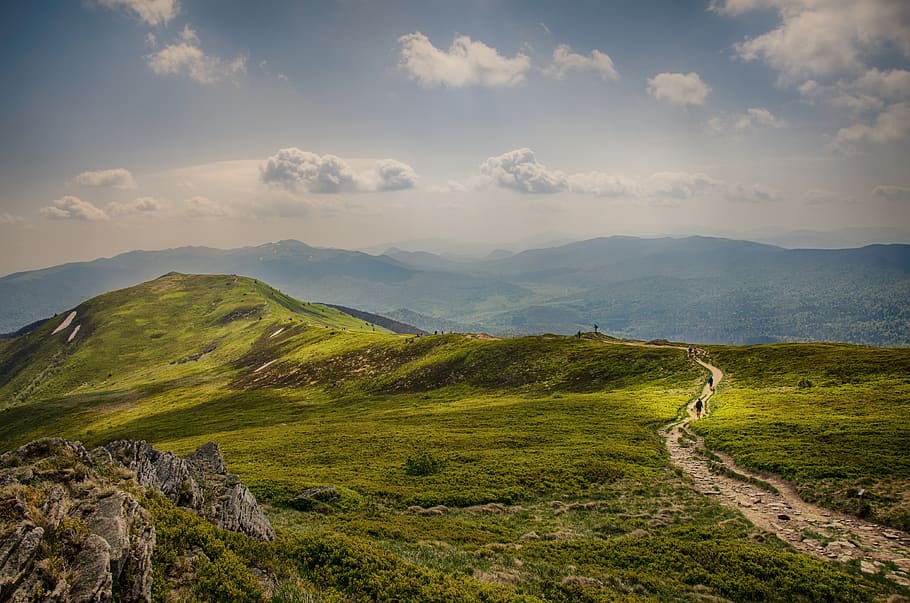 Landscape Photography of Grass-covered Rock Formation, blue sky HD wallpaper