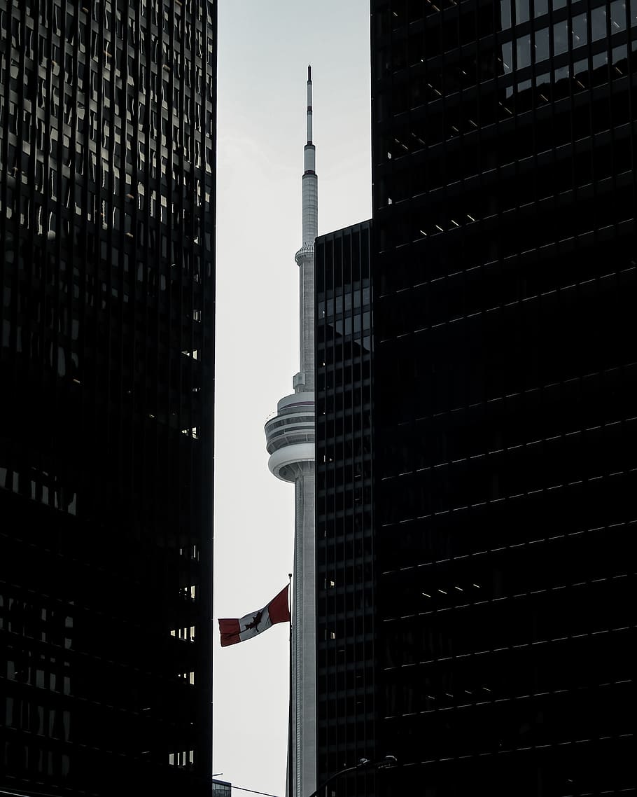gray tower between buildings, building exterior, built structure HD wallpaper