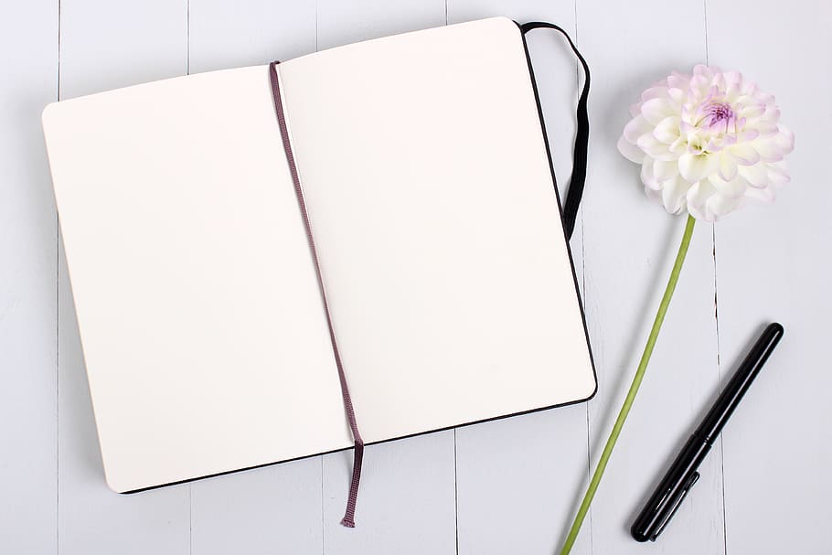 Notebook And Black Ballpoint Pen, blank, diary, flower, page, HD wallpaper