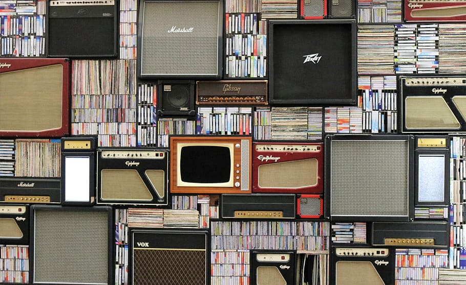 speaker, books, shelf, amplifier, dvd, large group of objects HD wallpaper