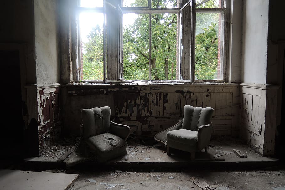 two gray sofa chairs inside wrecked room, furniture, germany HD wallpaper