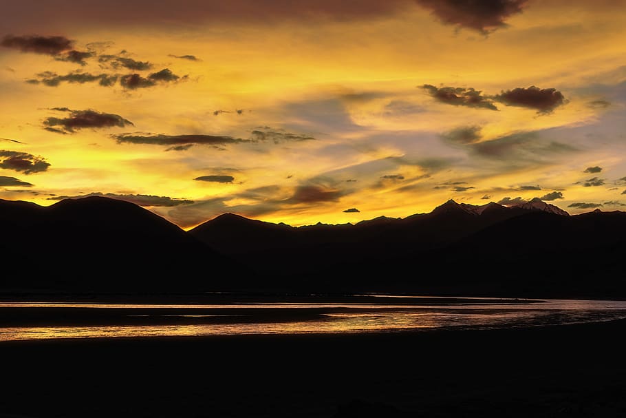 pangong tso, cloud - sky, sunset, beauty in nature, water, mountain, HD wallpaper