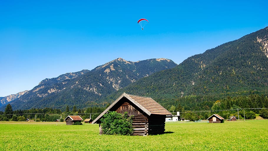 Brown Wooden House on Grass Field Near Mountain, agriculture HD wallpaper