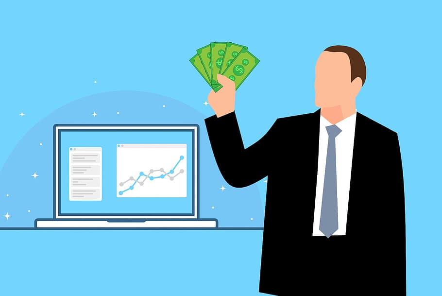 Illustration of man in business suit with profits in hand., analyzing, HD wallpaper