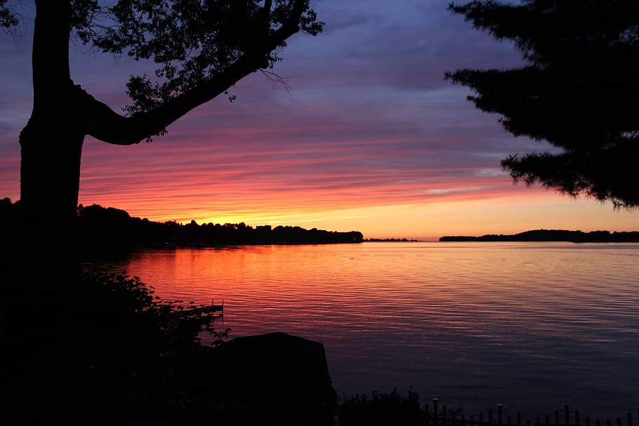 sunset, north, trees, silhouette, lake, bay, water, new york HD wallpaper