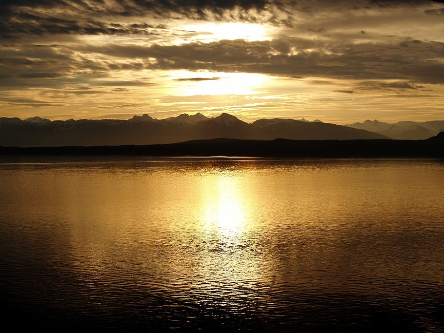 Calm Sea Near Mountain at Sunset, clouds, dawn, landscape, mountain range HD wallpaper