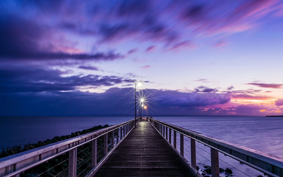 Purple and White Wooden House, beach, clouds, colors, dock, evening HD wallpaper