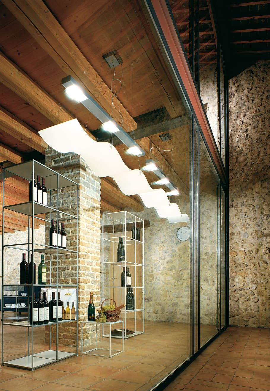 Gray Steel Rack Near White Lights, architecture, bottles, building HD wallpaper