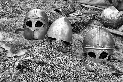 Grayscale Photography of Chainmails and Helmets on Ground, ancient HD wallpaper
