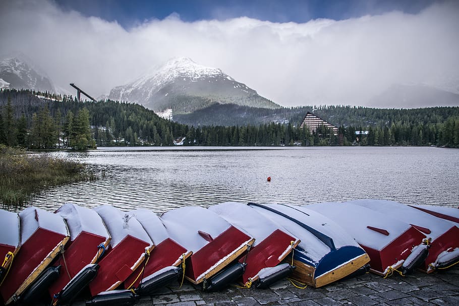 mountains, sky, snow, clouds, nature, panorama, water, lake HD wallpaper