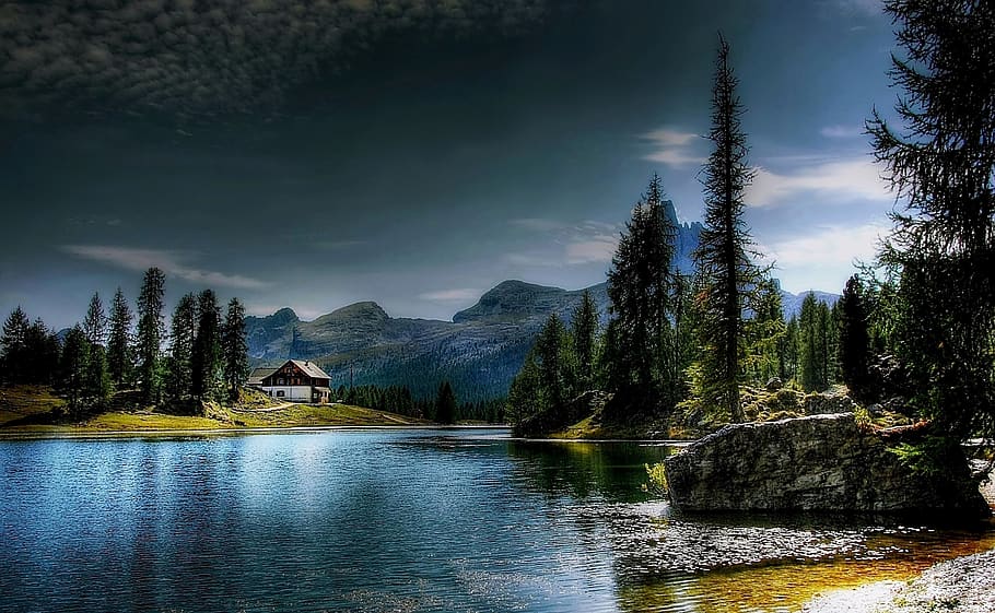 Spring River Between Pine Trees, adventure, clouds, conifer, dark HD wallpaper