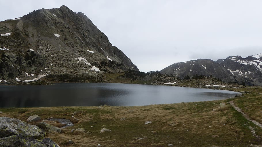 lake, mountains, landscape, alpine, sky, nature, waters, carros de foc HD wallpaper