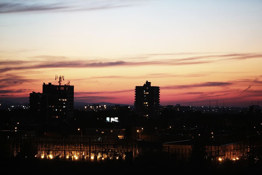 sunset, sky, night, dark, buildings, city, lights, skyline HD wallpaper