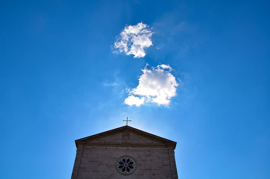 church, blue, sky, clouds, sun, shadow, reglion, cross, built structure HD wallpaper