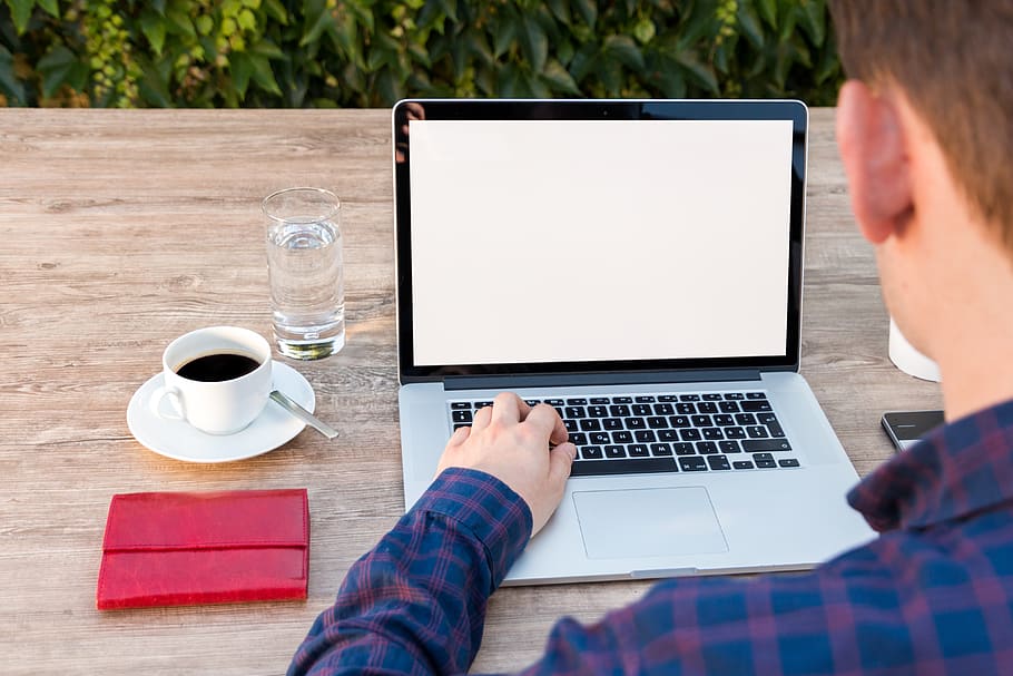 Man Sitting in Front of Macbook, coffee, dult, electronics, glass HD wallpaper