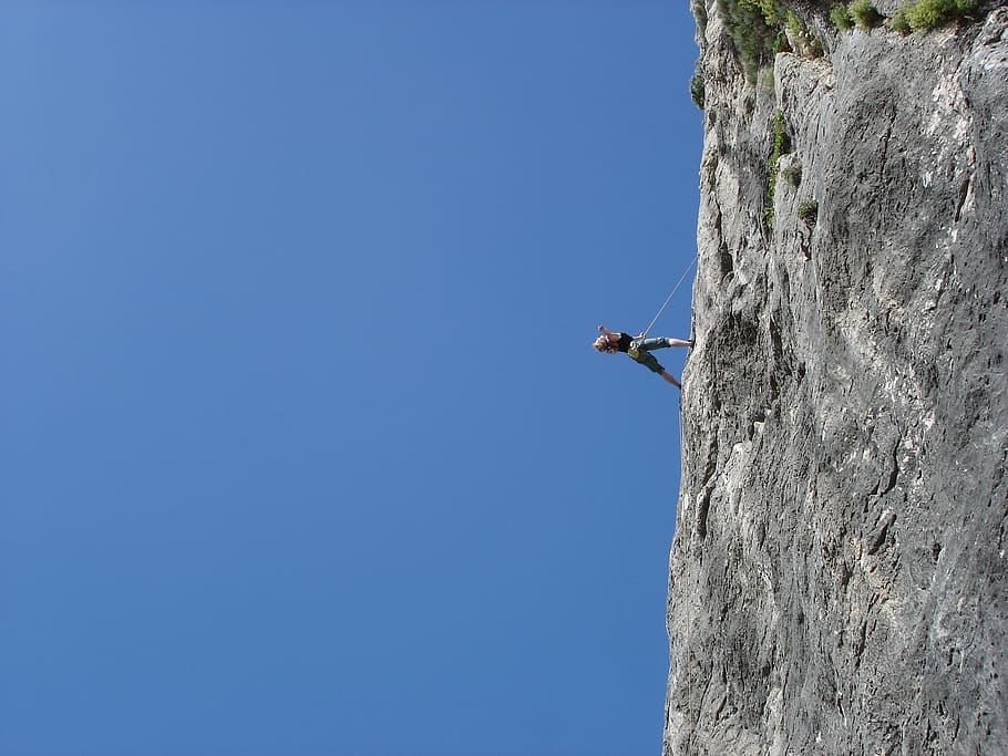 Man Standing on Rock Against Clear Blue Sky, adventure, climb HD wallpaper