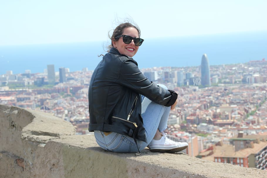 spain, barcelona, bunkers del carmel, skyline, girl, blue, panoramic, HD wallpaper