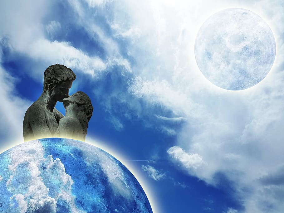 love, sky, romantic, romance, moon, statue, couple, cloud - sky HD wallpaper