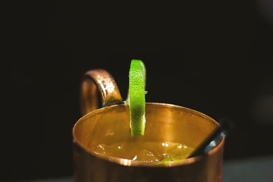 brass-colored cup with lemon, indoors, close-up, food and drink HD wallpaper