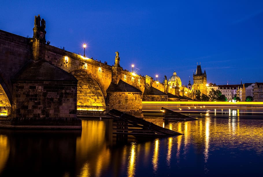 View of Bridge over River at Night, arch, architecture, blue sky HD wallpaper