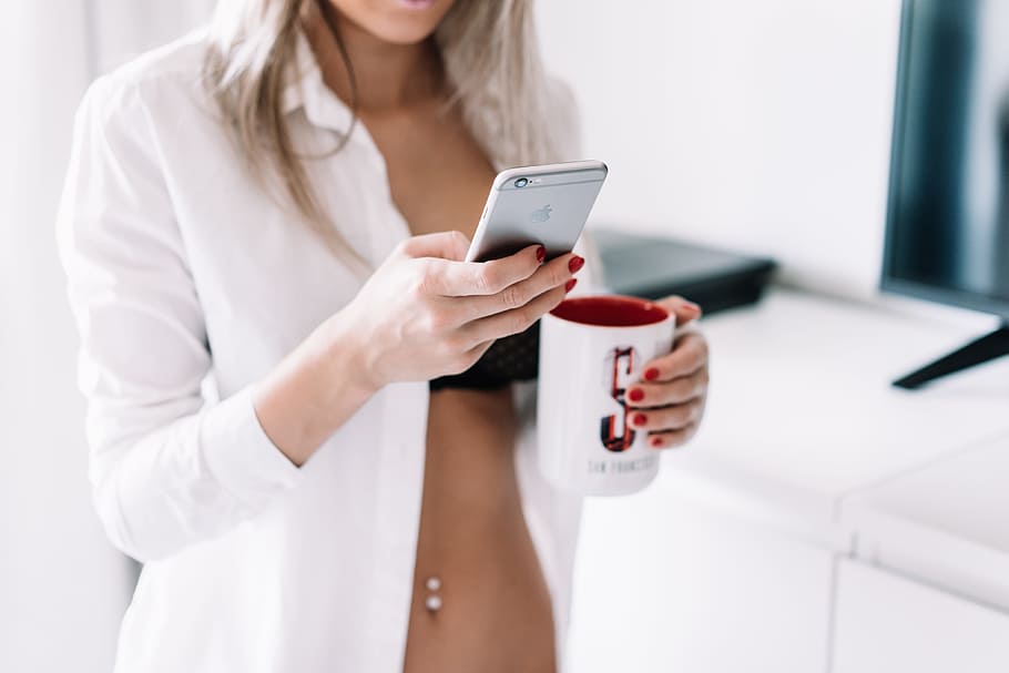 Woman Working on iPhone from Home, beauty, bedroom, body, business
