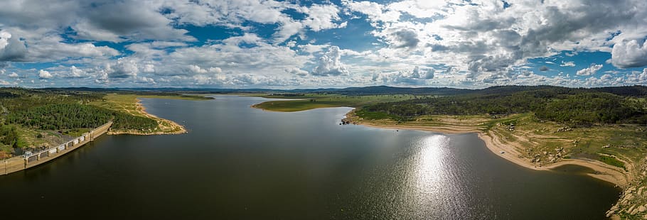 australia, leslie dam, nature, landscape, drone, sky, panorama, HD wallpaper