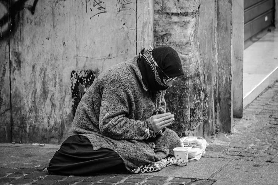 Grayscale Photography of Man Praying on Sidewalk With Food in Front, HD wallpaper
