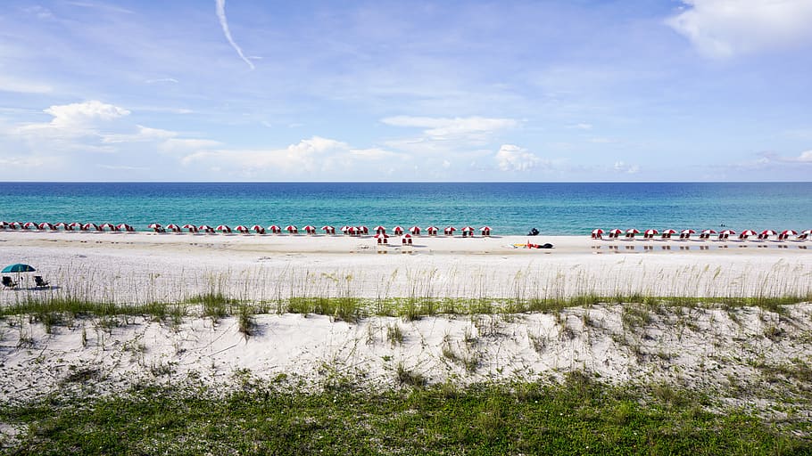 ocean, beach, umbrellas, skies, water, sky, group of people HD wallpaper
