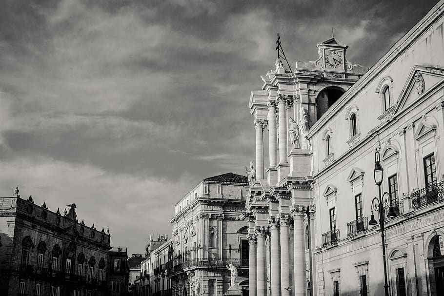 sicily, italy, architecture, cathedral, tourism, blackandwhite HD wallpaper