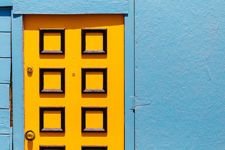 mexico, tijuana, geometric, blue, door, yellow, architecture, HD wallpaper