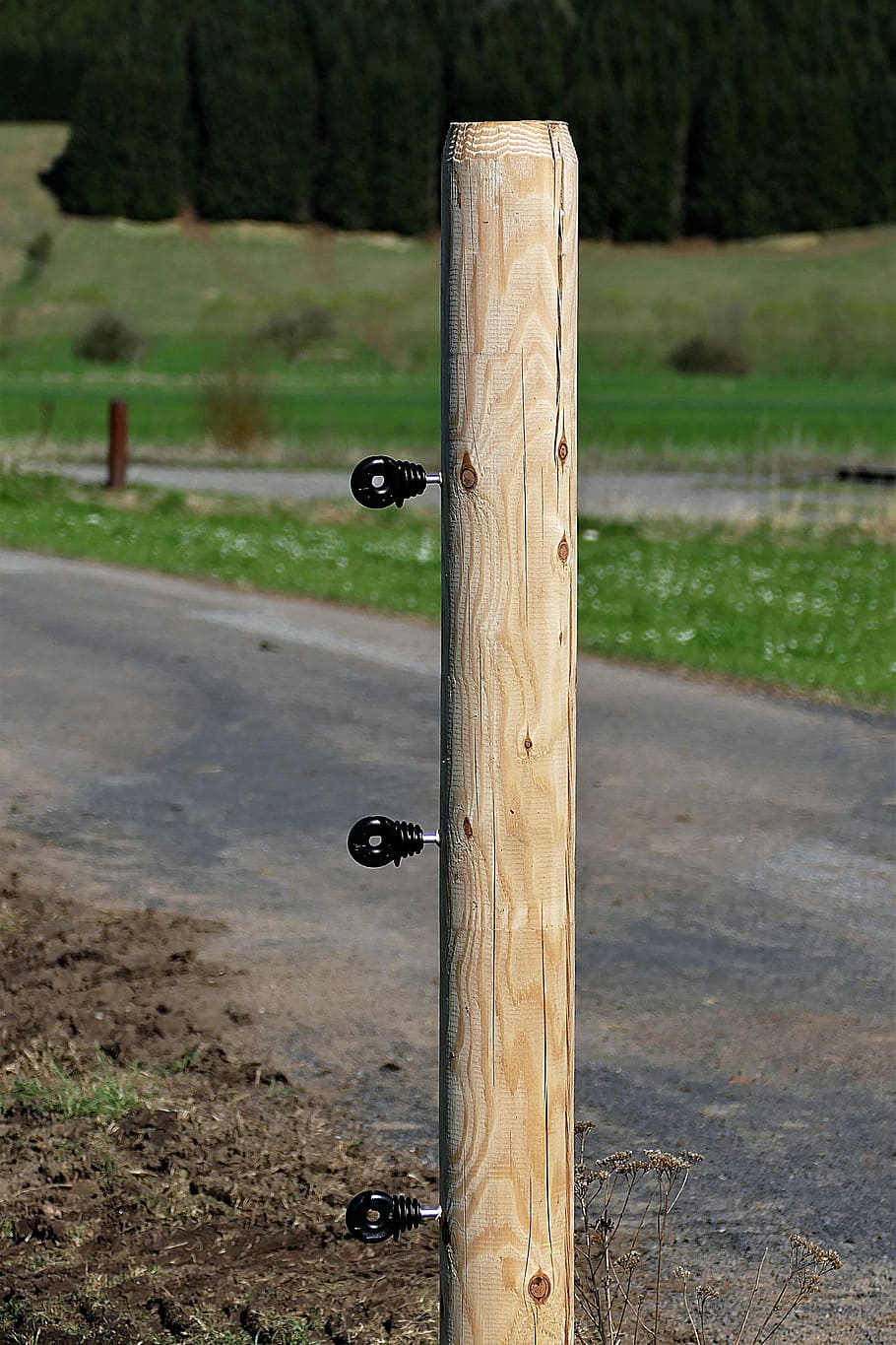 wooden posts, fence, insulators, pasture fence, pile, fence post