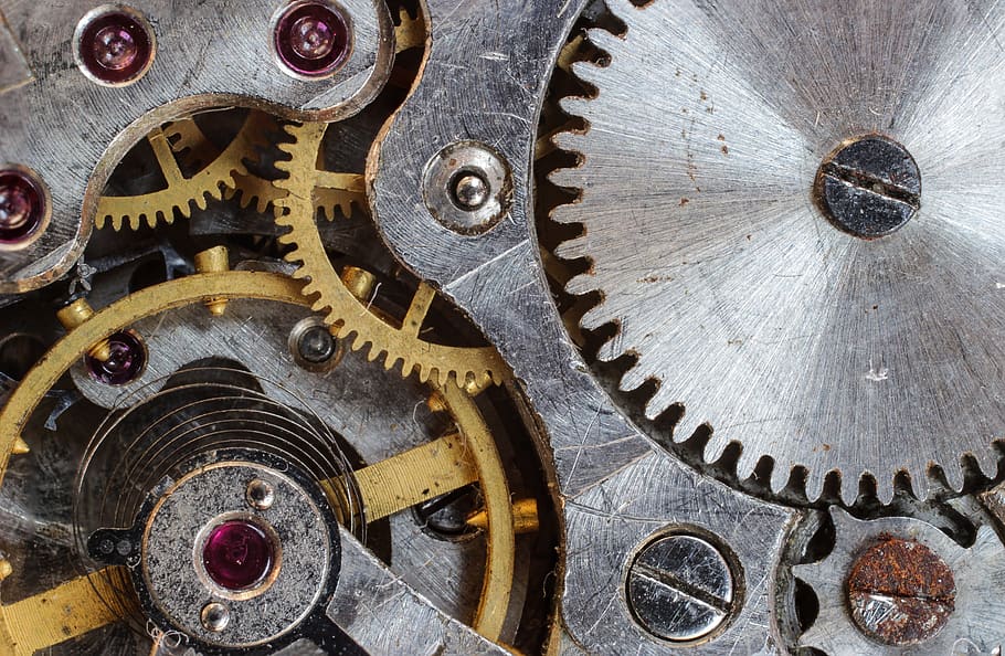 Gray and Gold Steel Gears, cogs, machine, machinery, mechanical HD wallpaper