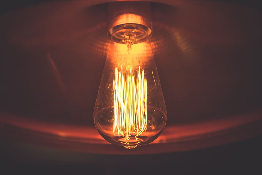 turned-on yellow light, light bulb, filament, illuminated, electricity HD wallpaper