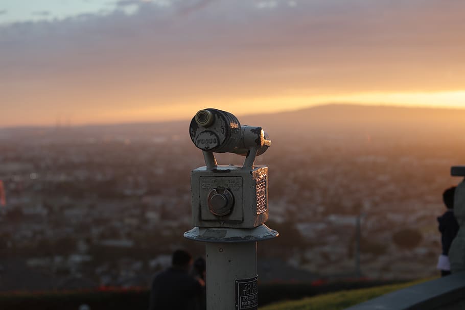 gray metal telescope during orange sunset, binoculars, signal hill