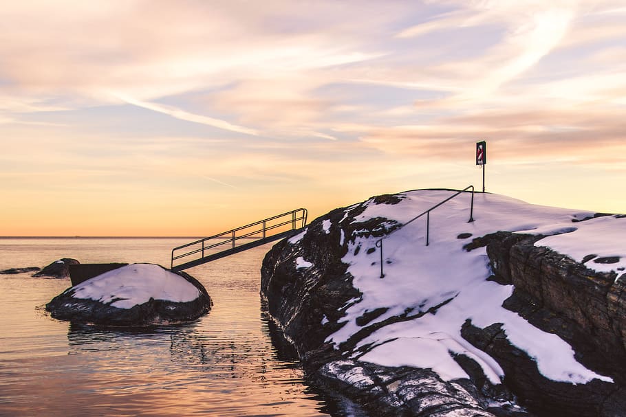 Photo of Cliff With Bridge and Snow, beach, clouds, evening, golden sun HD wallpaper