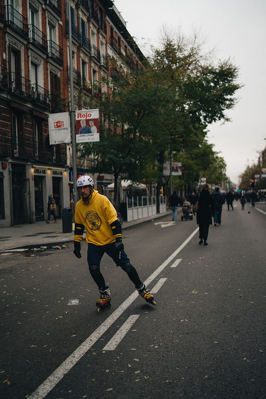 man on road while wearing inline skates, city, architecture, building exterior HD wallpaper