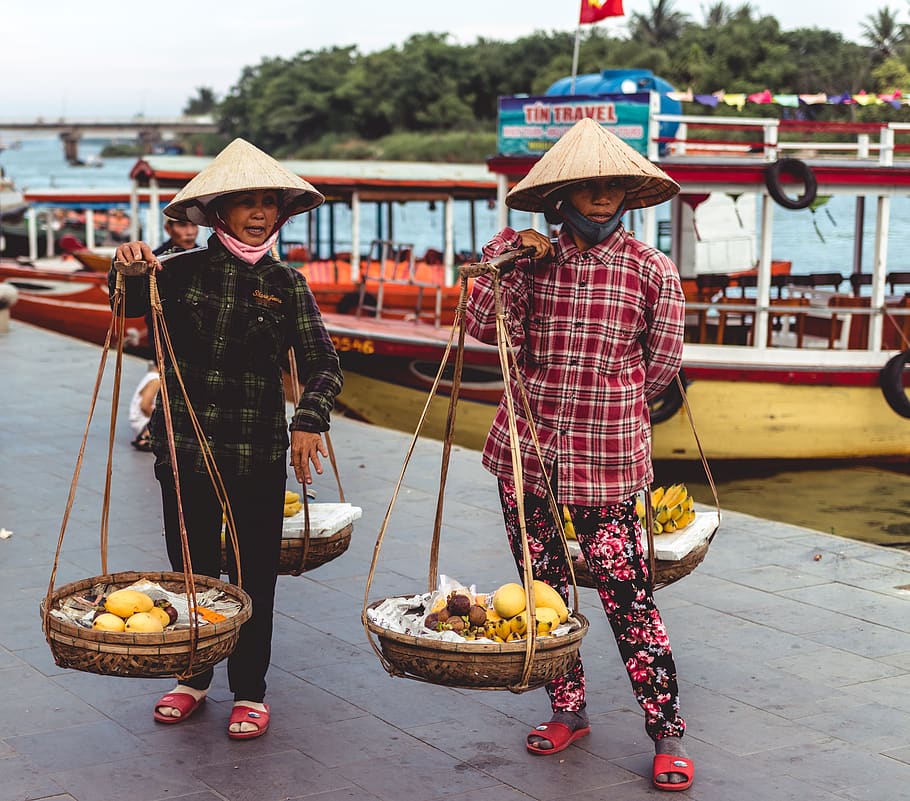 two person carrying baskets, hat, real people, food, men, food and drink HD wallpaper