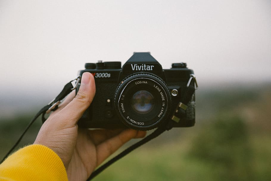 black Vivitar DSLR camera, electronics, person, human, strap HD wallpaper