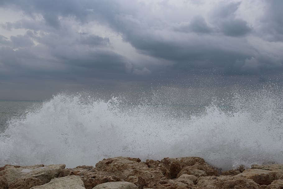 sea, wave, water, ocean, blue, surf, beach, waves, sky, clouds HD wallpaper