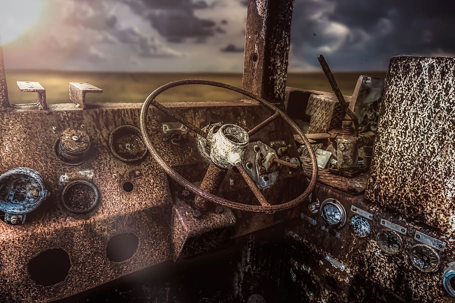 lost place, composing, rust, vehicle, driver's cab, steering wheel HD wallpaper