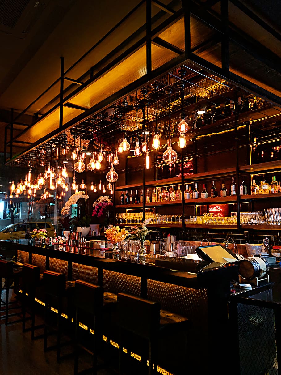 turned-on filament bulb lights at bar counter, pub, vietnam, beverage, HD wallpaper