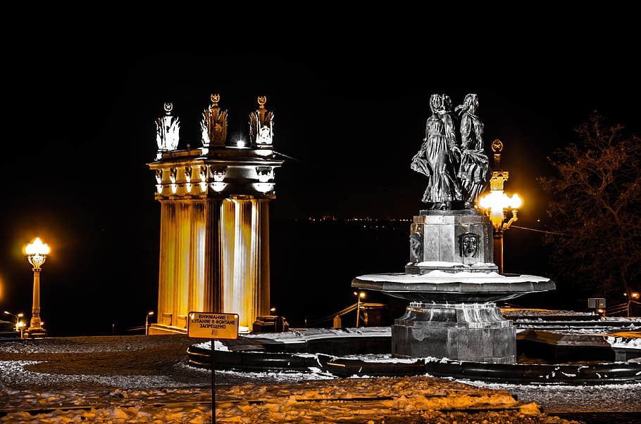 dark, night, architecture, structure, fountain, lights, snow HD wallpaper