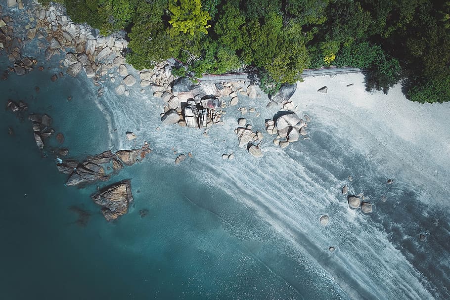 Aerial Photography of Stones on Seashore, daylight, environment HD wallpaper